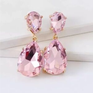 Light Pink Gold Teardrop Rhinestone Long Crystal Hypoallergenic Dangle Earrings